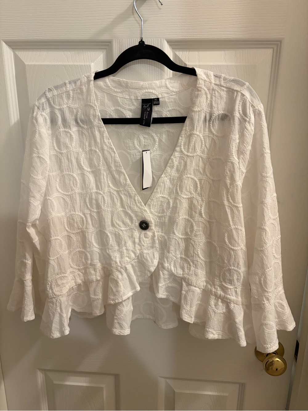 Textured White Button-Front Ruffle Hem Blouse